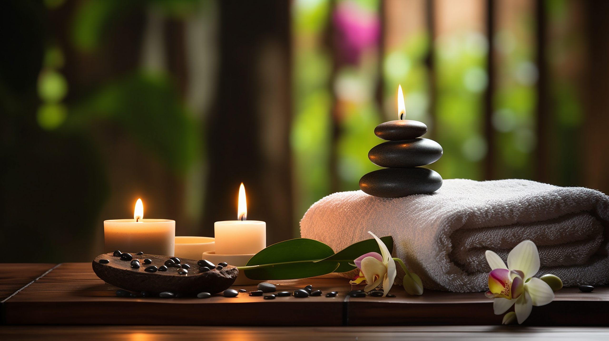 Towel on fern with candles and black hot stone on wooden background. Hot stone massage setting lit by candles. Massage therapy for one person with candle light. Beauty spa treatment and relax concept.